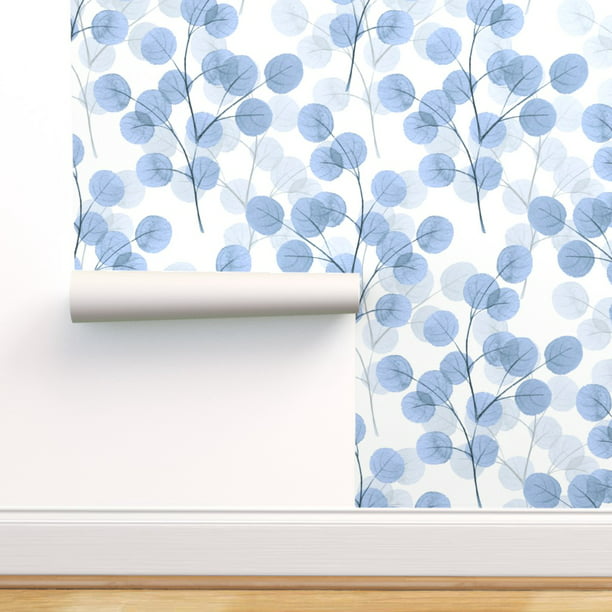 Removable Water-Activated Wallpaper Blue Watercolor Floral Abstract Branch 